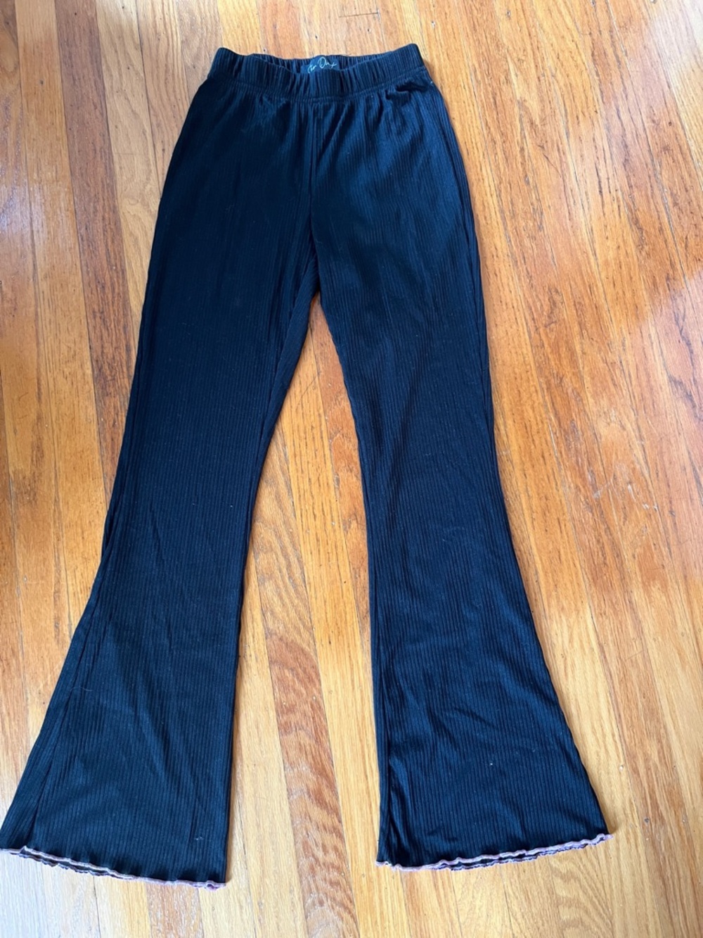 Black Ribbed Flare Pants with Lettuce Hem